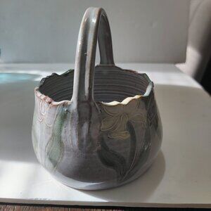Art Pottery, Artist Signed by Priscilla Eggen, Handthrown Basket with flowers